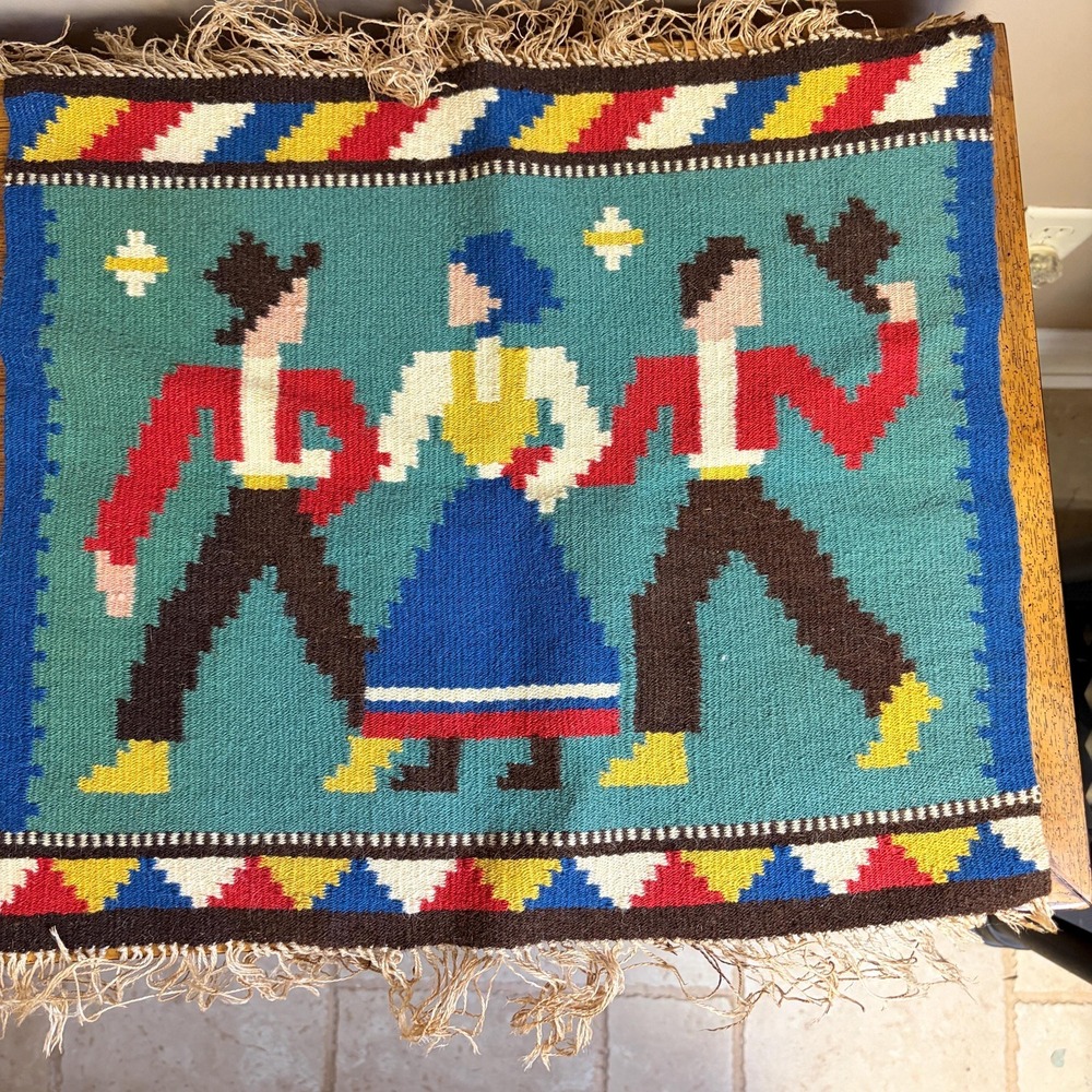Vintage Swedish Folk Tapestry Wall Hanging Scandinavian Dancers Textile